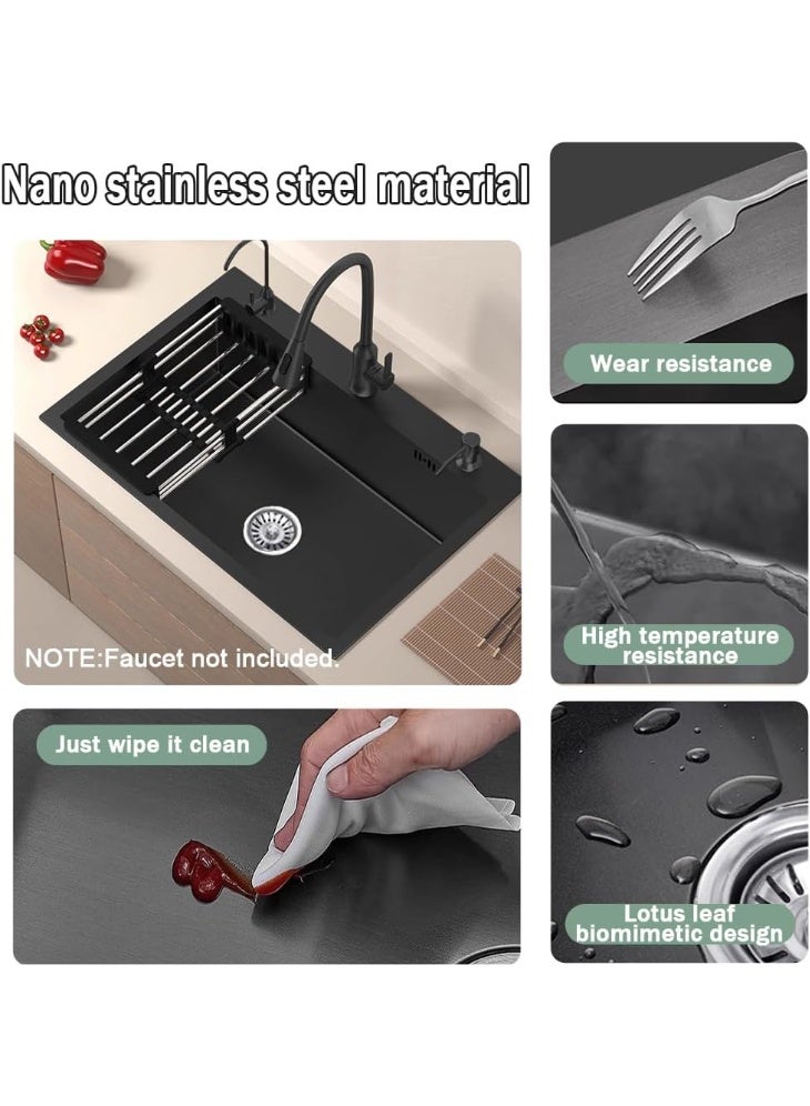 واي دي حوض مطبخ ستانلس ستيل تركيب علوي 60 × 45 × 20 سم، حوض مفرد بفتحات 3، مع مصفاة تصريف وموزع صابون، لون أسود مطفي - Image 5